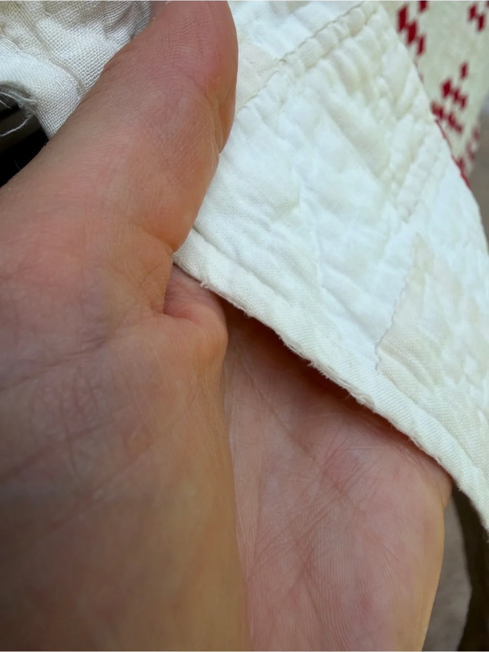 Vintage 1930-1940s Red & White Patchwork Checkered Feed Sack Quilt 65x74
